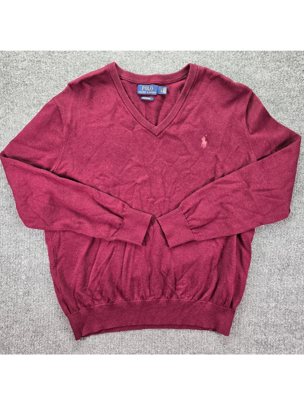 Polo Ralph Lauren Sweater Mens Large Burgundy Wine Pima Cotton V Neck Pullover